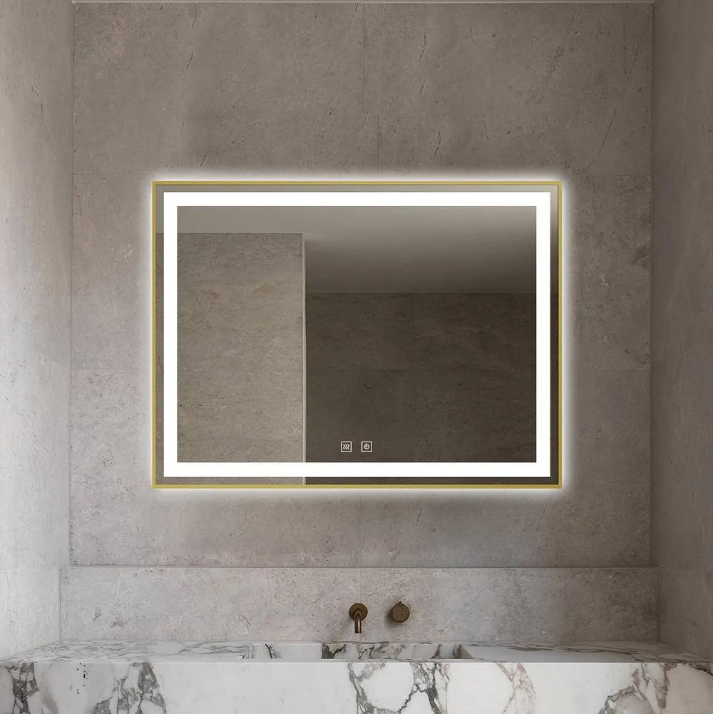 Oglindă LED Dreptunghiulară (80x60 cm), 3 Moduri Iluminare (Lumină Rece, Naturală, Caldă), Intensitate Reglabilă, Funcție Dezaburire, Ramă Aluminiu, Control Tactil (Touch)