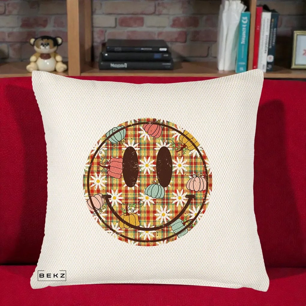 Perna Decorativa Smiley Face de Toamna cu Tartan si Dovlecei, 40x40 cm, Crem Reliefat, Husa Detasabila, Perna Inclusa, BEKZ®