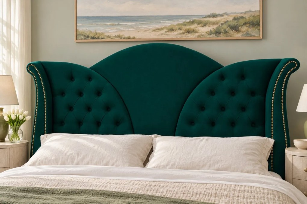 Pat tapițat Chesterfield din catifea Velora 140×200 cm, verde, cu ladă de depozitare