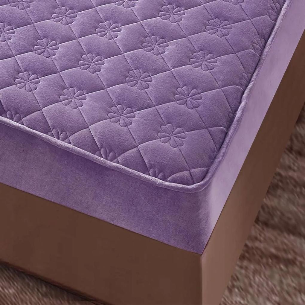 Husa de pat matlasata si 2 fete de perne din catifea, cu elastic, model tip topper, pentru saltea 140x200 cm, mov, HTC-30