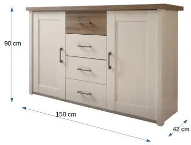 Comoda Leon, 2 Usi Si 4 Sertare, Pin Alb Si Truffel, 150 Cm