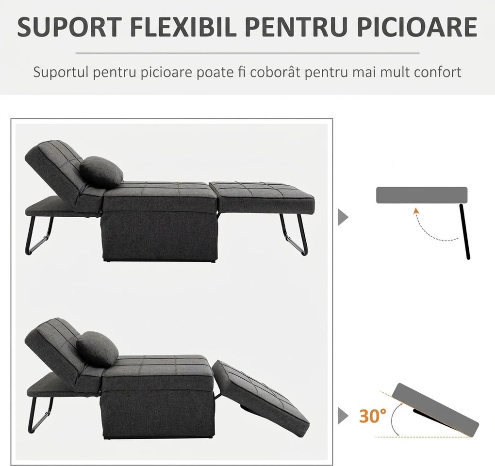 HOMCOM Canapea extensibilă cu Spătar Reglabil pe 5 Nivele și Pernă Suplimentară, 95x179x78 cm, Gri | Aosom Romania