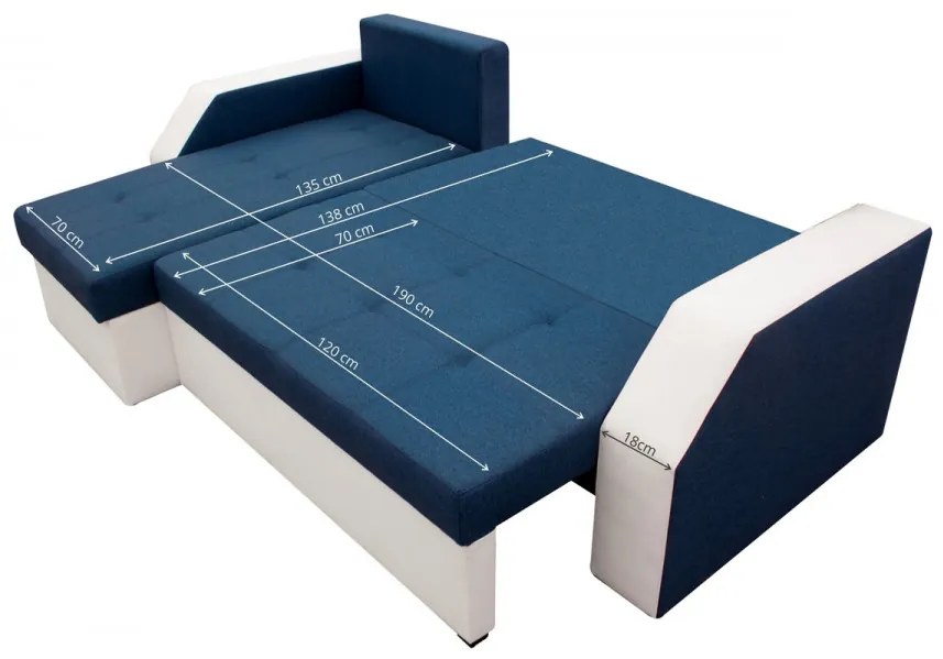 Coltar extensibil Madrid, 226x145x79 cm, 2 lazi depozitare, Reversibil, Alb/Albastru petrol