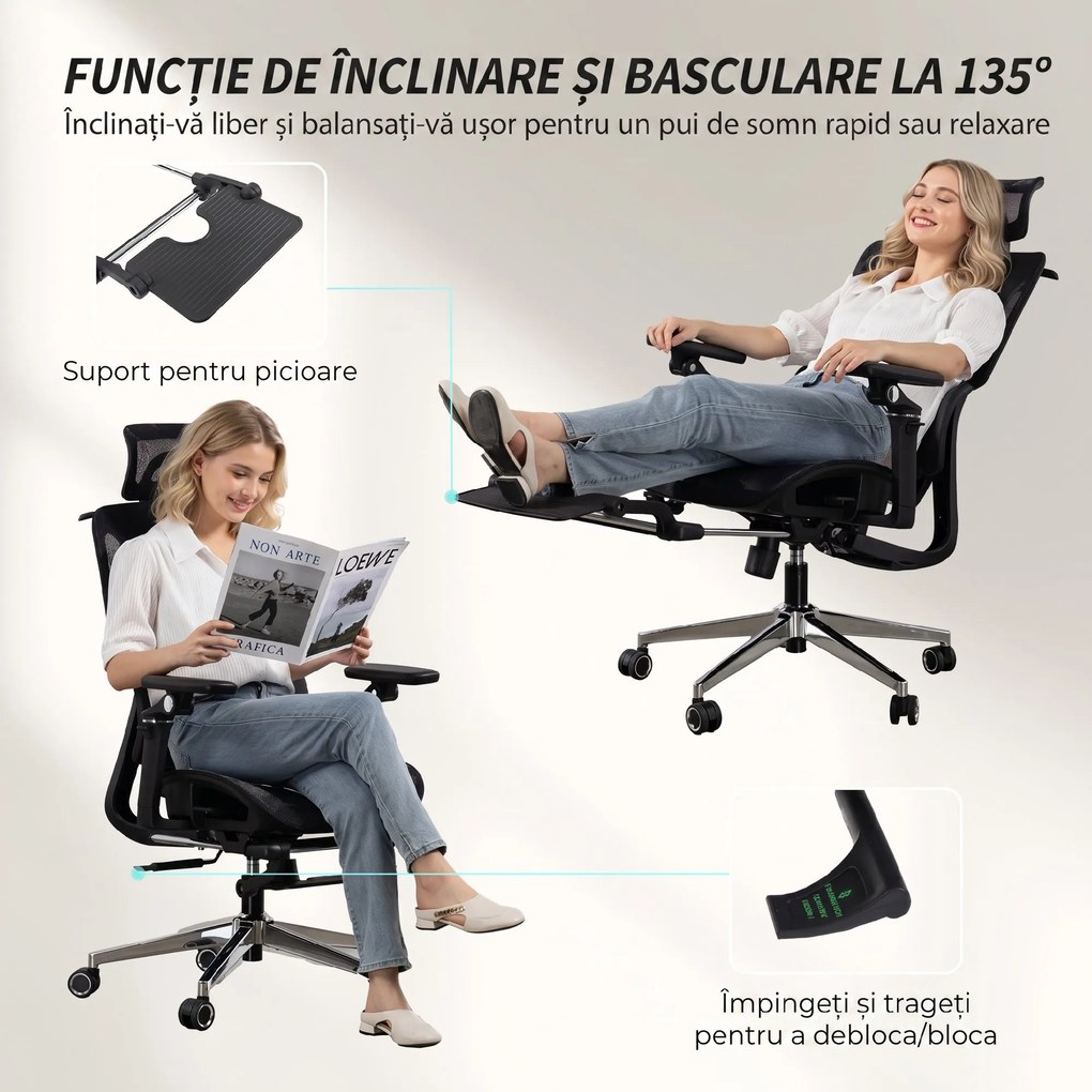 HOMCOM Scaun de Birou Ergonomic din Plasă cu Cotiere, Tetieră, Spătar Reglabil, Funcție Legănare, Negru | Aosom Romania