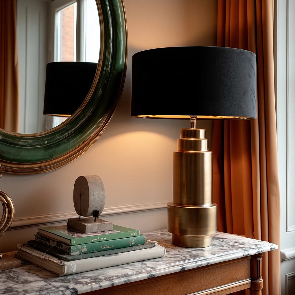 Lampă de masă Art Deco din bronz cu abajur din catifea neagră cu auriu 50 cm - Bruut