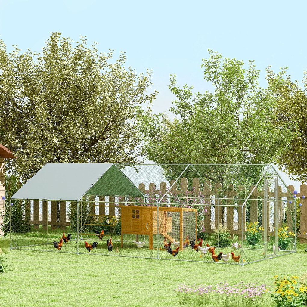 PawHut Grajd pentru pui, Incinta pentru pui de grajd, cu Pânză rezistentă la UV, Plasă de sârmă de oțel, Automat pentru furaje, pentru 18-24 pui | Aosom Romania