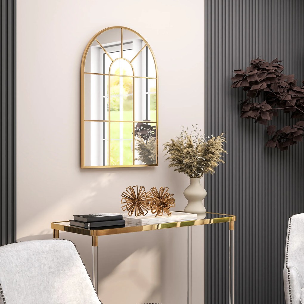 HOMCOM Oglindă de Perete Modernă în Formă de Arc cu Ramă și Cârlige, pentru Sufragerie și Hol, 91x60 cm, Auriu | Aosom Romania