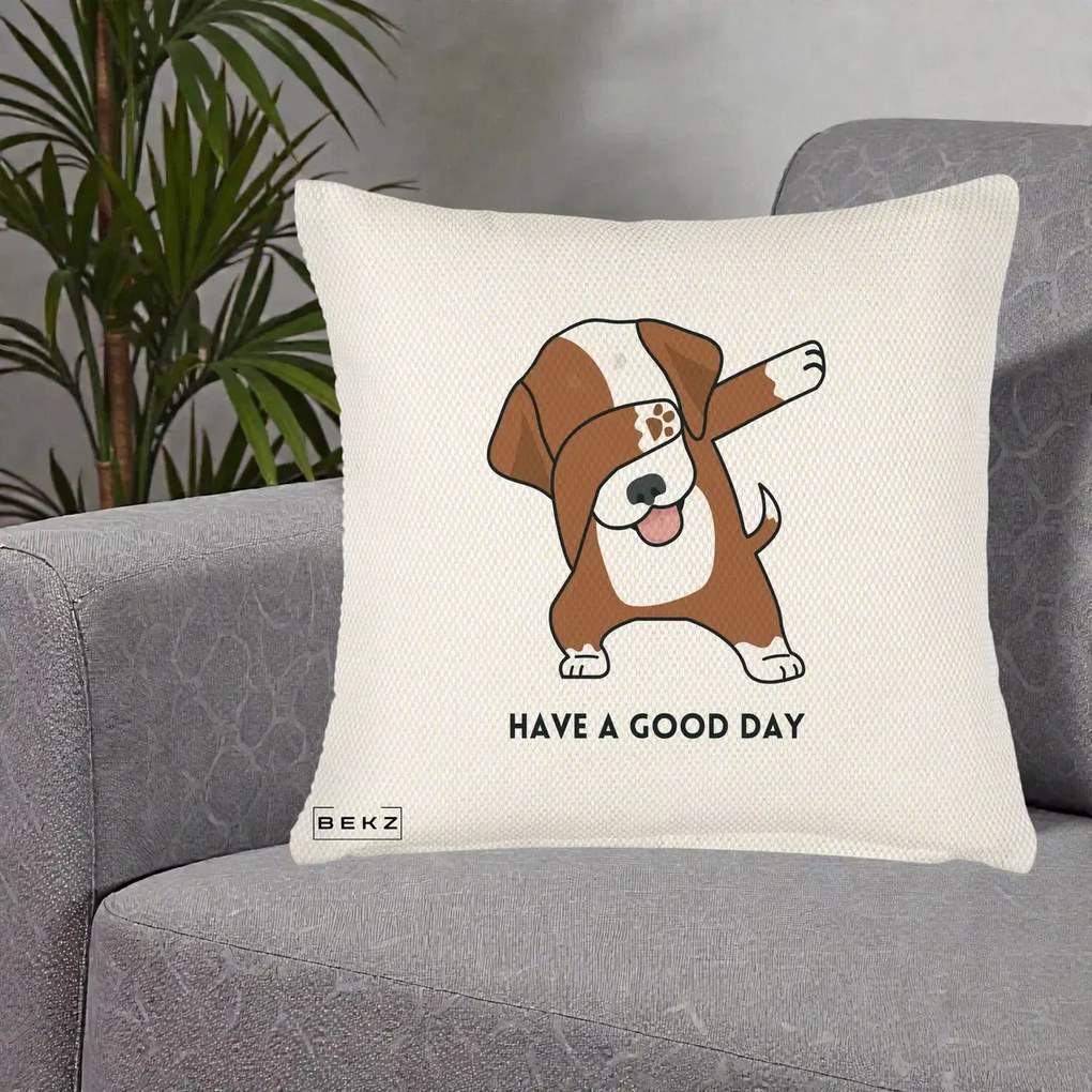 Perna Decorativa Caine Dab Have A Good Day, 40x40 cm, Crem Reliefat, Husa Detasabila, Perna Inclusa, BEKZ®
