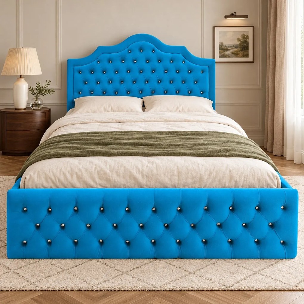 Pat tapițat Chesterfield din catifea Imperio Deluxe 160×200 cm, albastru deschis, cu ladă de depozitare