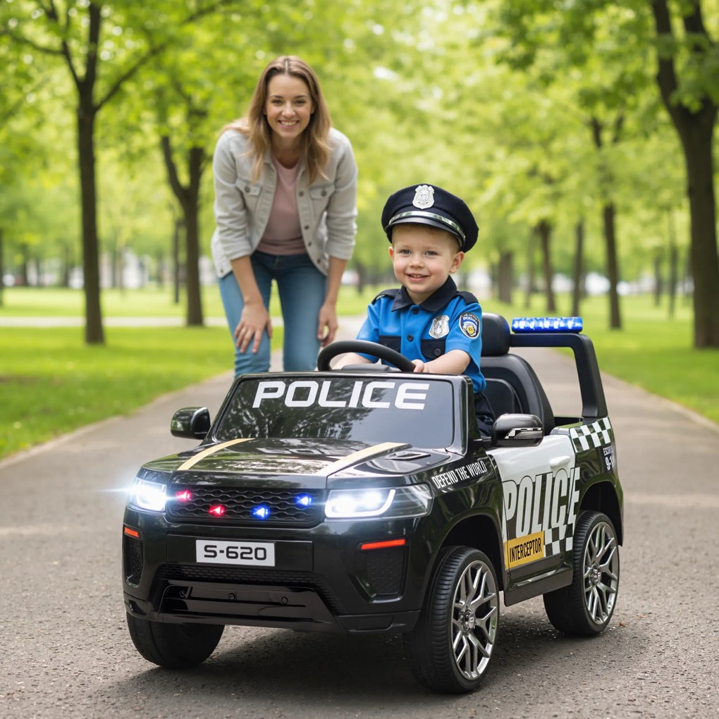 AIYAPLAY Mașina Electrică de Poliție pentru Copii 12V cu Telecomandă, Sirenă și Lumini, Vârsta 3-5 Ani, Negru | Aosom Romania