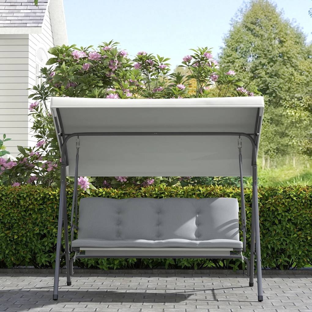 Outsunny Balansoar de Grădină 3 Locuri cu Parasolar Reglabil, Balansoar pentru Exterior cu Perne Căptușite din Poliester și Cadru din Oțel, Capacitate 210 kg, 172x110x156 cm, Gri Deschis | Aosom Romania