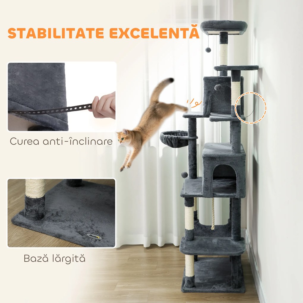 PawHut Arbore pentru pisici cu sisal, 202 cm înălțime, cu 6 stâlpi din sisal, 2 căsuțe, 2 hamace și un pat, gri | Aosom Romania