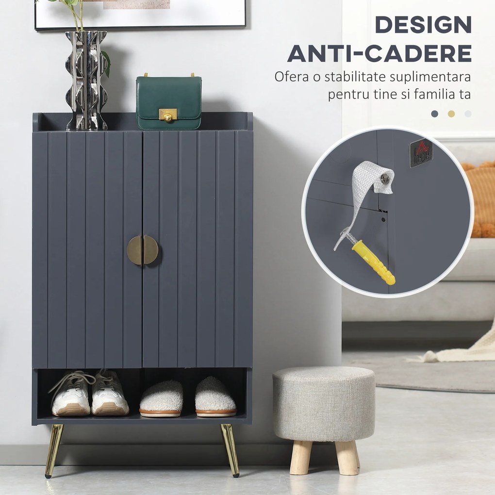 HOMCOM Dulap de pantofi modern cu 4 niveluri, cu 2 usi si rafturi reglabile pentru pana la 15 pantofi, din PAL si otel, 60x33x100 cm, gri si auriu | Aosom Romania
