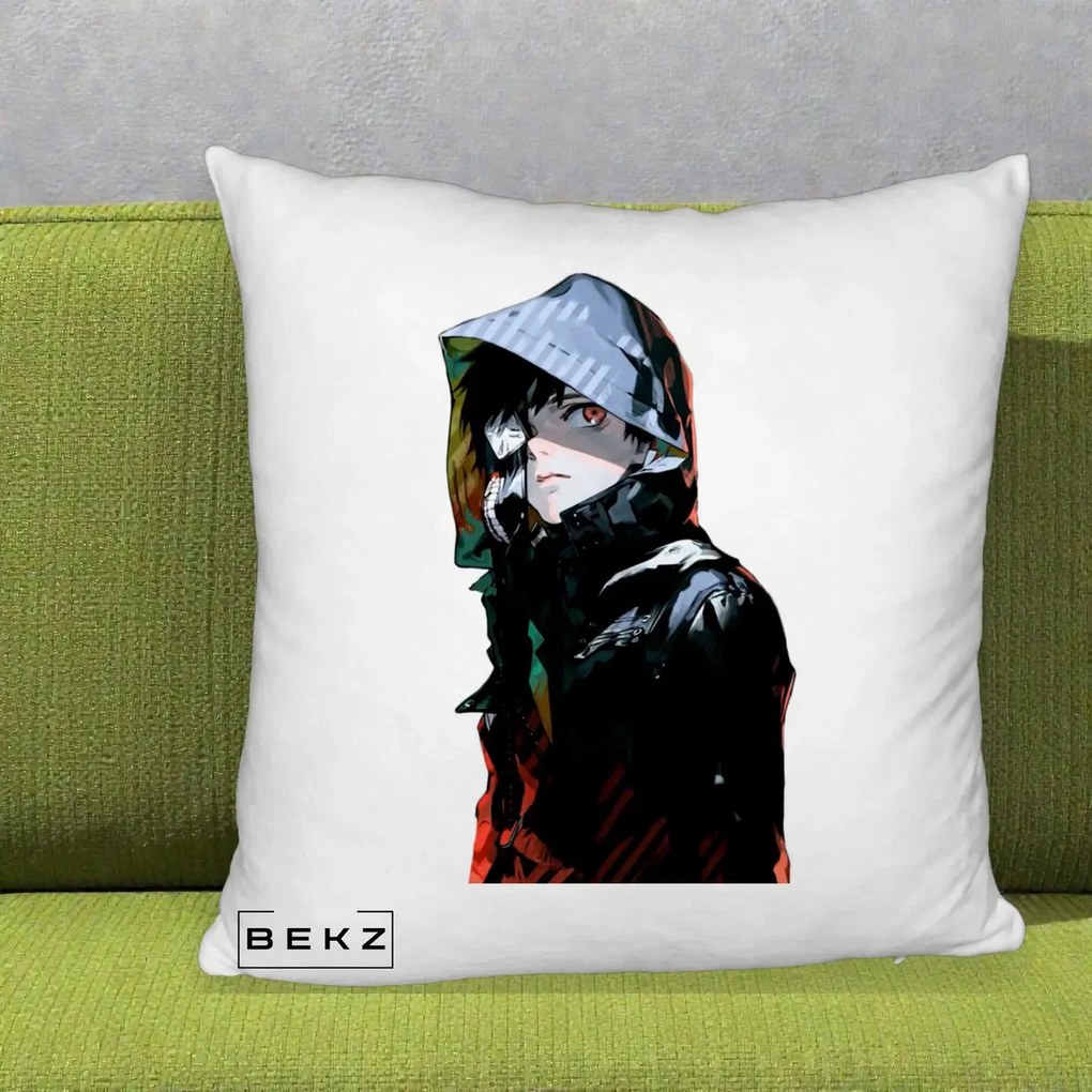Perna Personalizata Tokyo Ghoul Ken Kaneki cu Masca si Gluga, 40x40 cm, Alb Pufos, Husa Detasabila, Perna Inclusa, BEKZ®