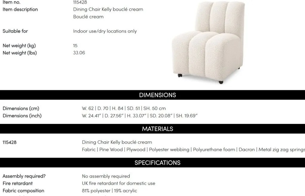 Scaun design LUX Kelly, Boucle cream