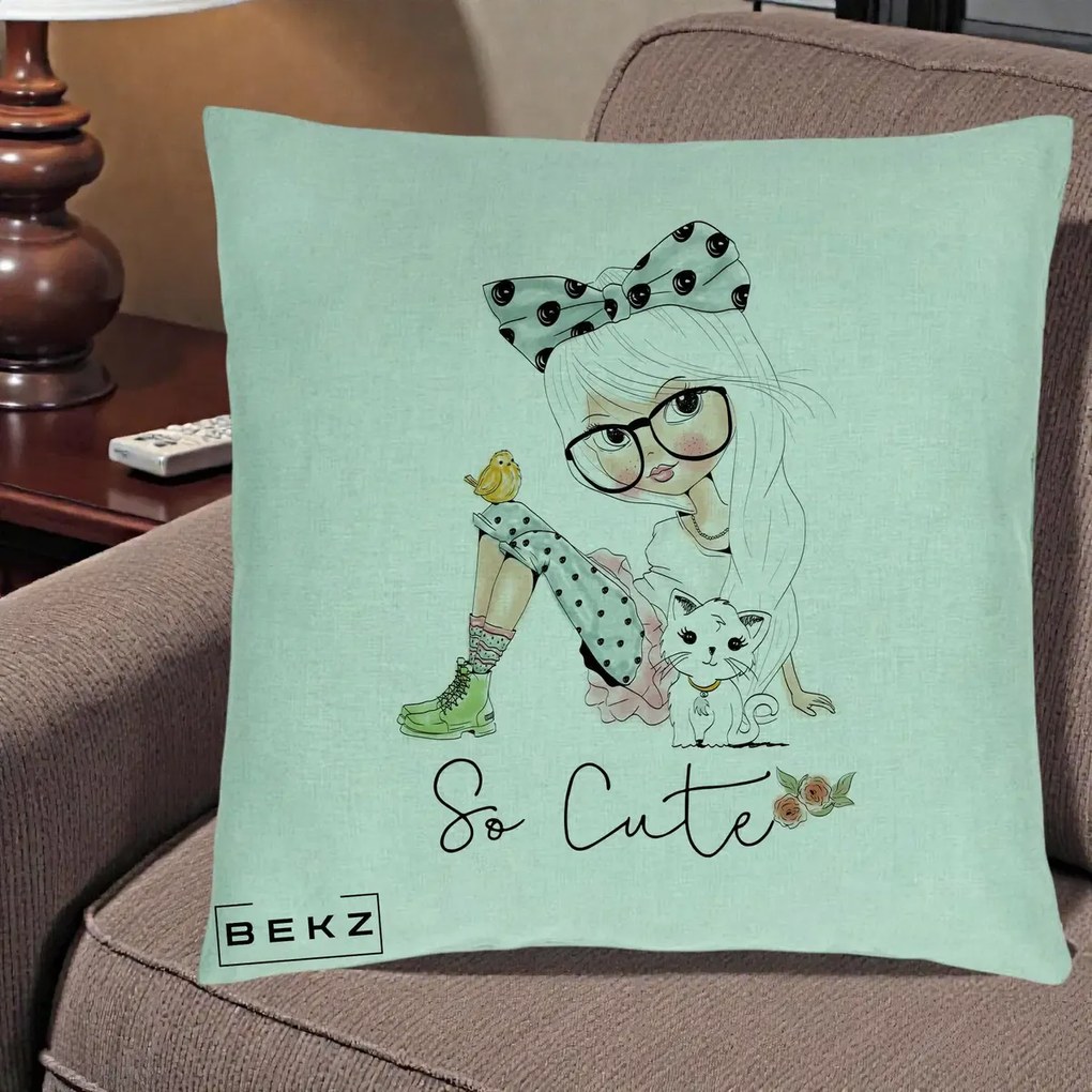 Perna Decorativa So Cute Fata Fashion, 40x40 cm, Verde Menta, Husa Detasabila, Perna Inclusa, BEKZ®
