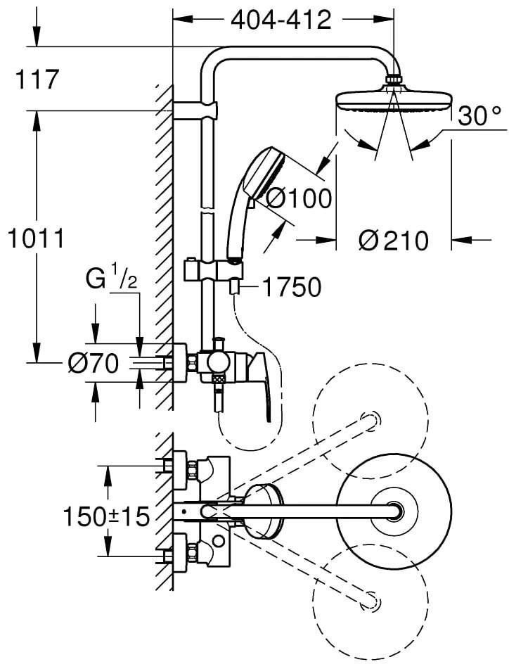 Coloana dus Grohe Tempesta 160, monocomada, suport para ajustabil, crom - 26224001