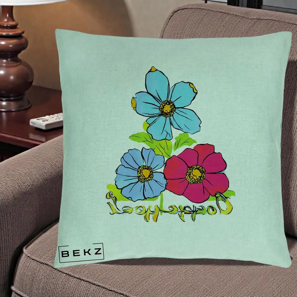 Perna Decorativa Trei Flori Grafice Pop Art, 40x40 cm, Verde Menta, Husa Detasabila, Perna Inclusa, BEKZ®