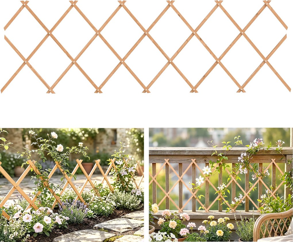 Outsunny Grilaj de grădină din lemn extensibil Suport pentru plante cățărătoare Trandafiri și viță-de-vie 180x60 cm Maro deschis | Aosom Romania