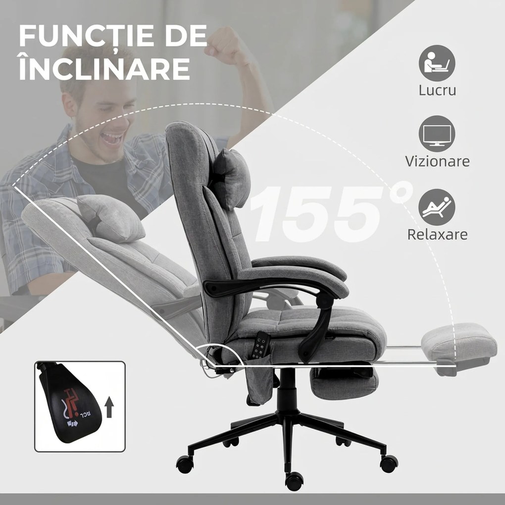 Vinsetto Scaun Birou cu Masaj și cu Încălzire, Fotoliu Birou cu Spătar Înclinabil 155°, Suport Picioare, 66x76x112-120cm,Gri | Aosom Romania