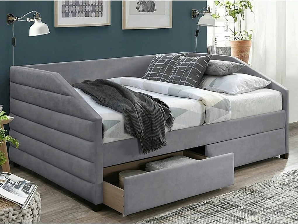 Pat tip divan NADIA 120x200, stofa catifelata gri, cu somiera si serta