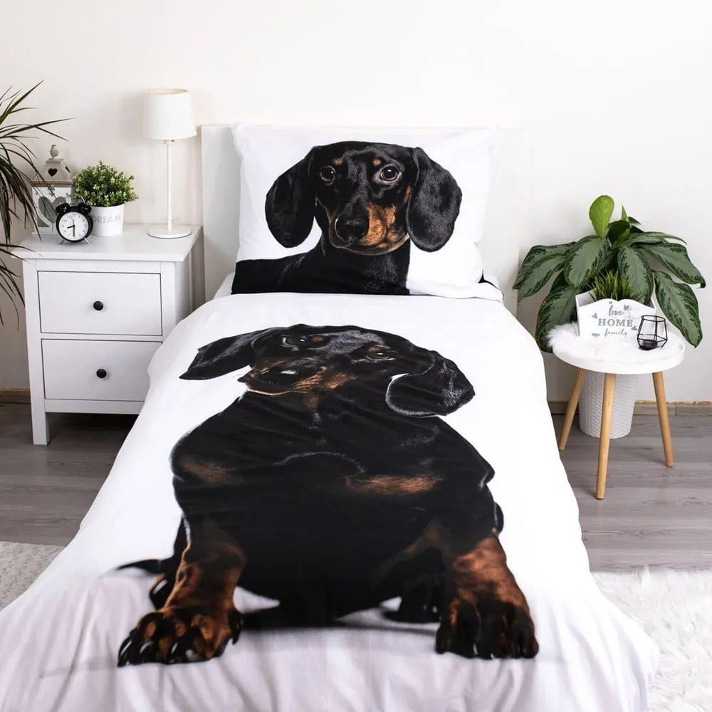 Lenjerie de pat pentru copii alb-negru din bumbac pentru pat de o persoană 140x200 cm Dachshund – Jerry Fabrics
