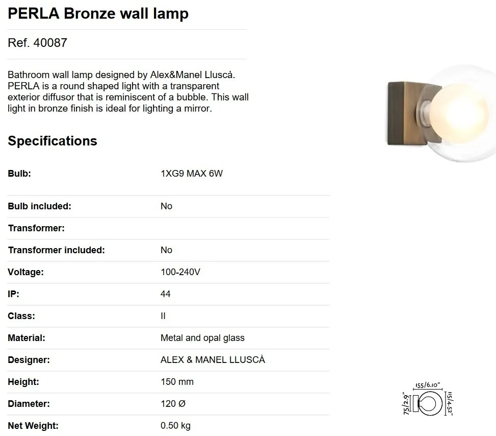 Aplica de perete baie cu protectie IP44 PERLA Bronze 40087