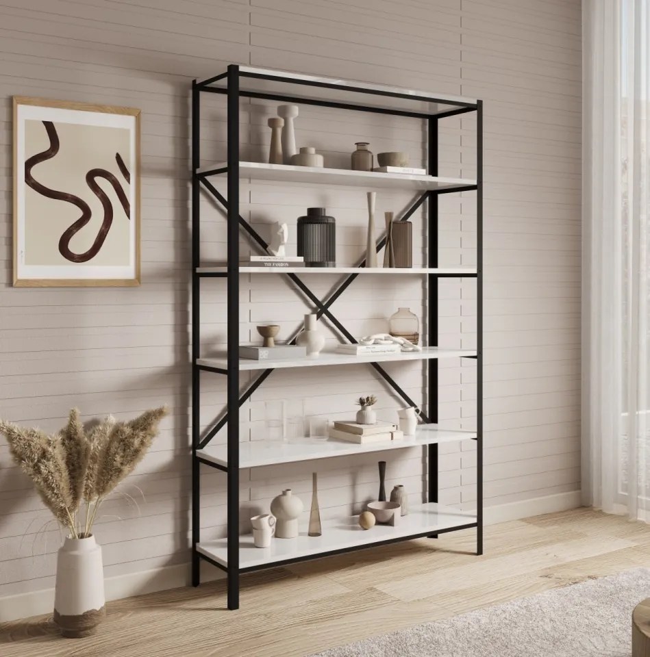 Raft metalic pentru carti, 110x180.2x30 cm, Ralph, ADRK Furniture (Culoare: Negru / Stejar)