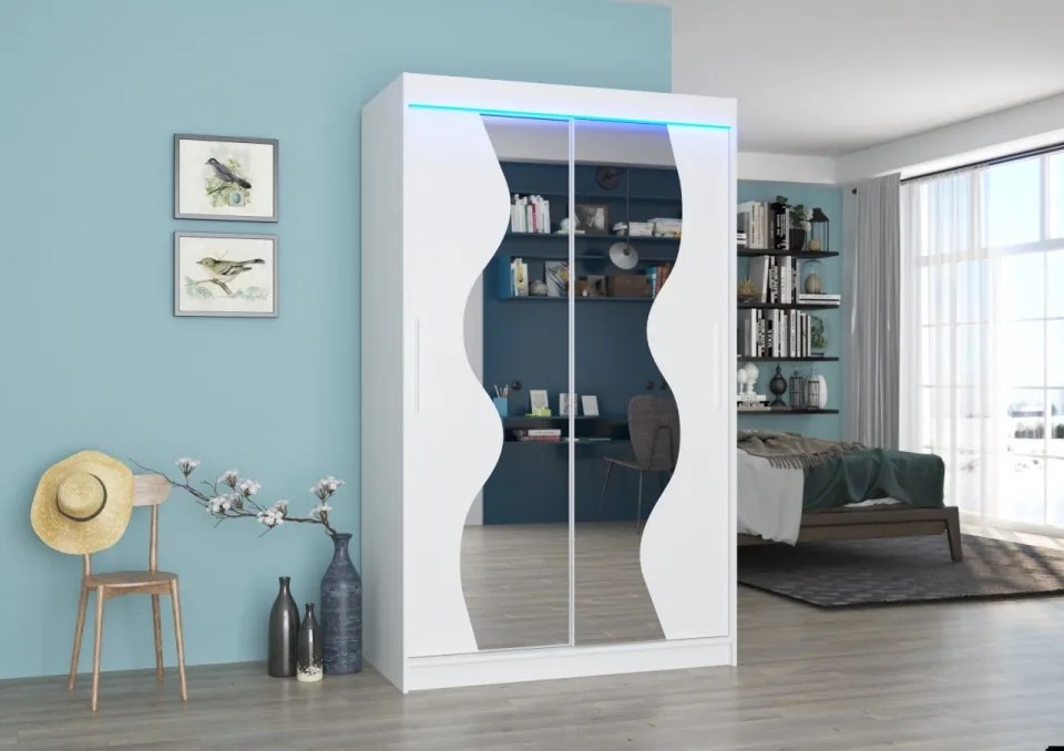 Dulap cu usi glisante si oglinda + iluminare LED, Oswald 120 + LED, 120 cmx200 cmx58 cm, ADRK Furniture (Culoare: Sonoma)