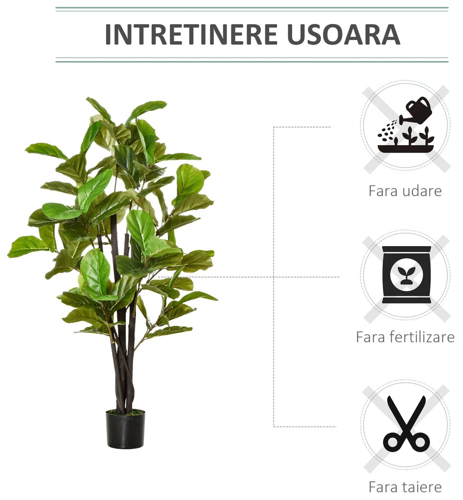 Ficus Artificial 130cm de Interior si Exterior, Planta Artificiala cu efect Realist cu 78 de Frunze HOMCOM | Aosom Romania