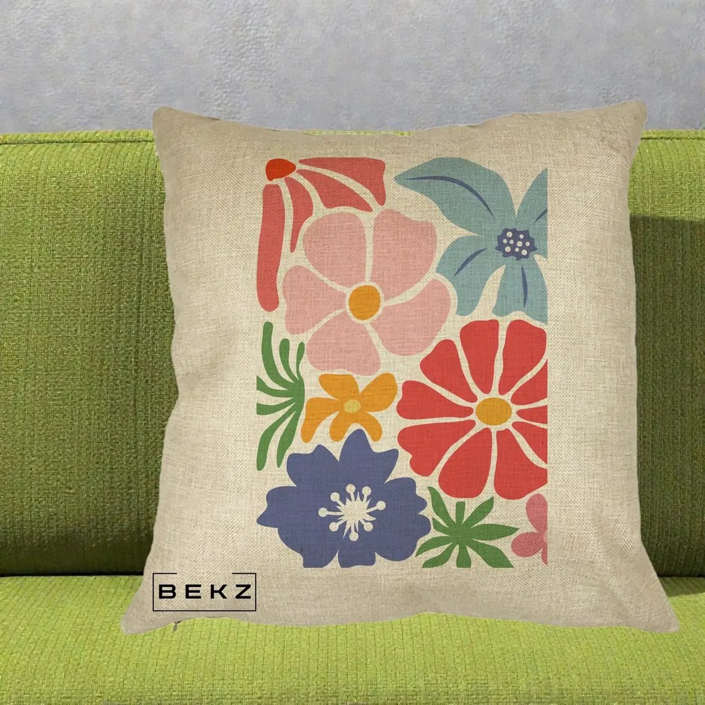Perna Decorativa Flori Grafice Roz-Rosu-Albastru, 40x40 cm, Crem, Husa Detasabila, Perna Inclusa, BEKZ®