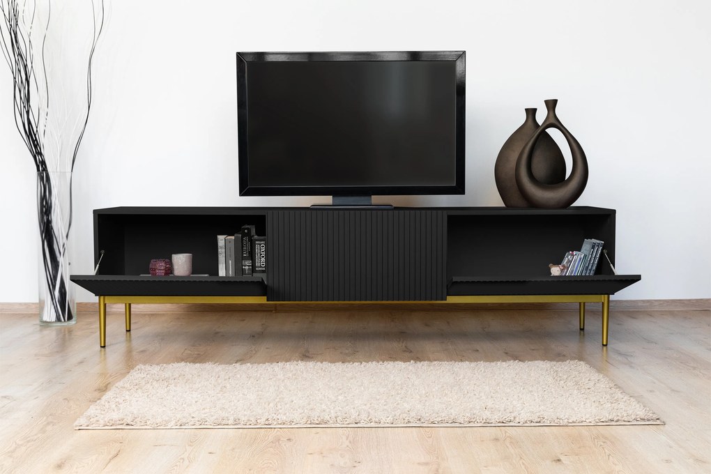 Comodă TV cu sertar Nicole 200 cm cu picioare metalice - negru mat / picioare aurii