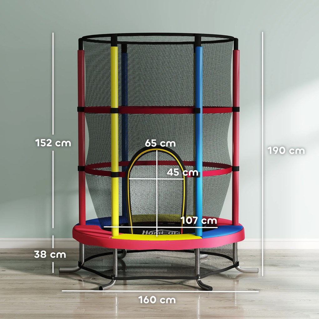 HOMCOM Trambulină pentru Copii 3-6 Ani cu Plasă de Siguranță, Fără Arcuri, Picioare în L, pentru Interior și Exterior, Ø160x190 cm, Multicolor | Aosom Romania