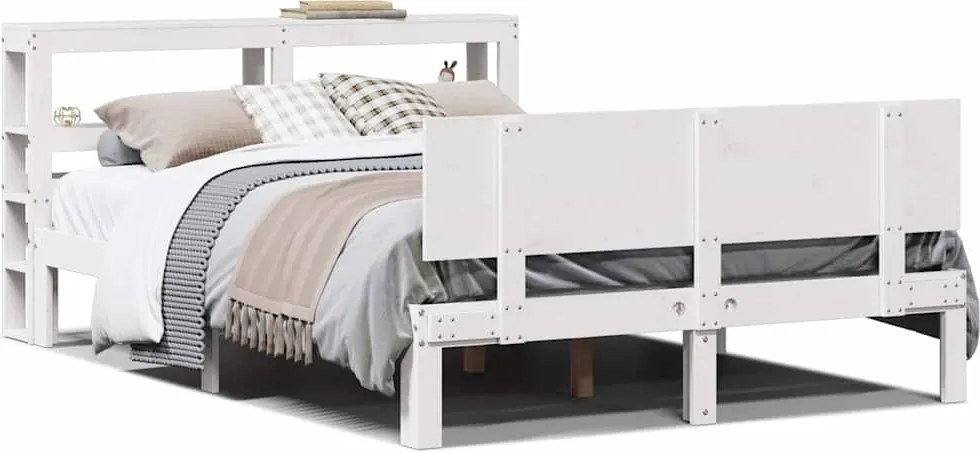vidaXL Cadru de pat cu tăblie, alb, 135x190 cm, lemn masiv de pin