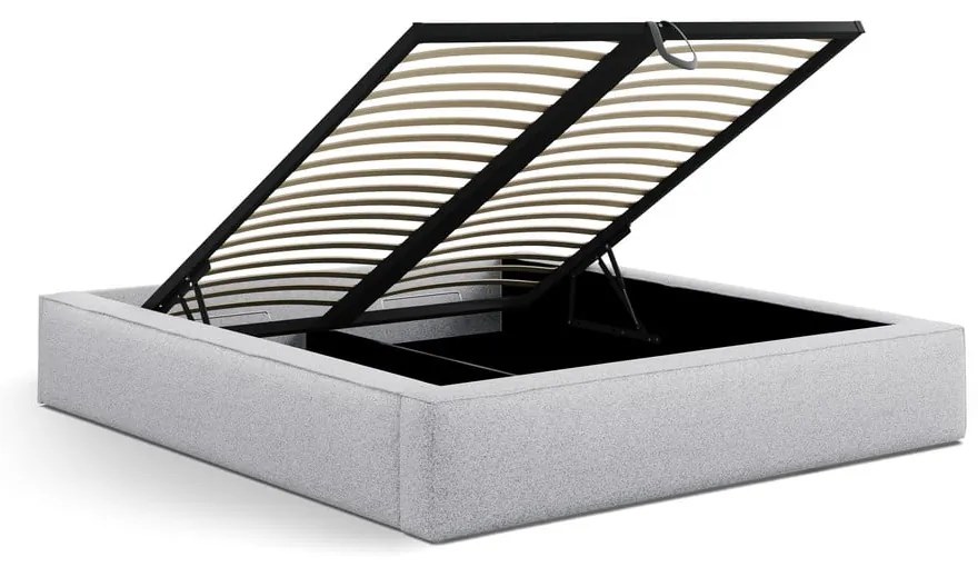 Pat matrimonial gri deschis tapițat cu spațiu de depozitare cu somieră 160x200 cm Simon – Micadoni