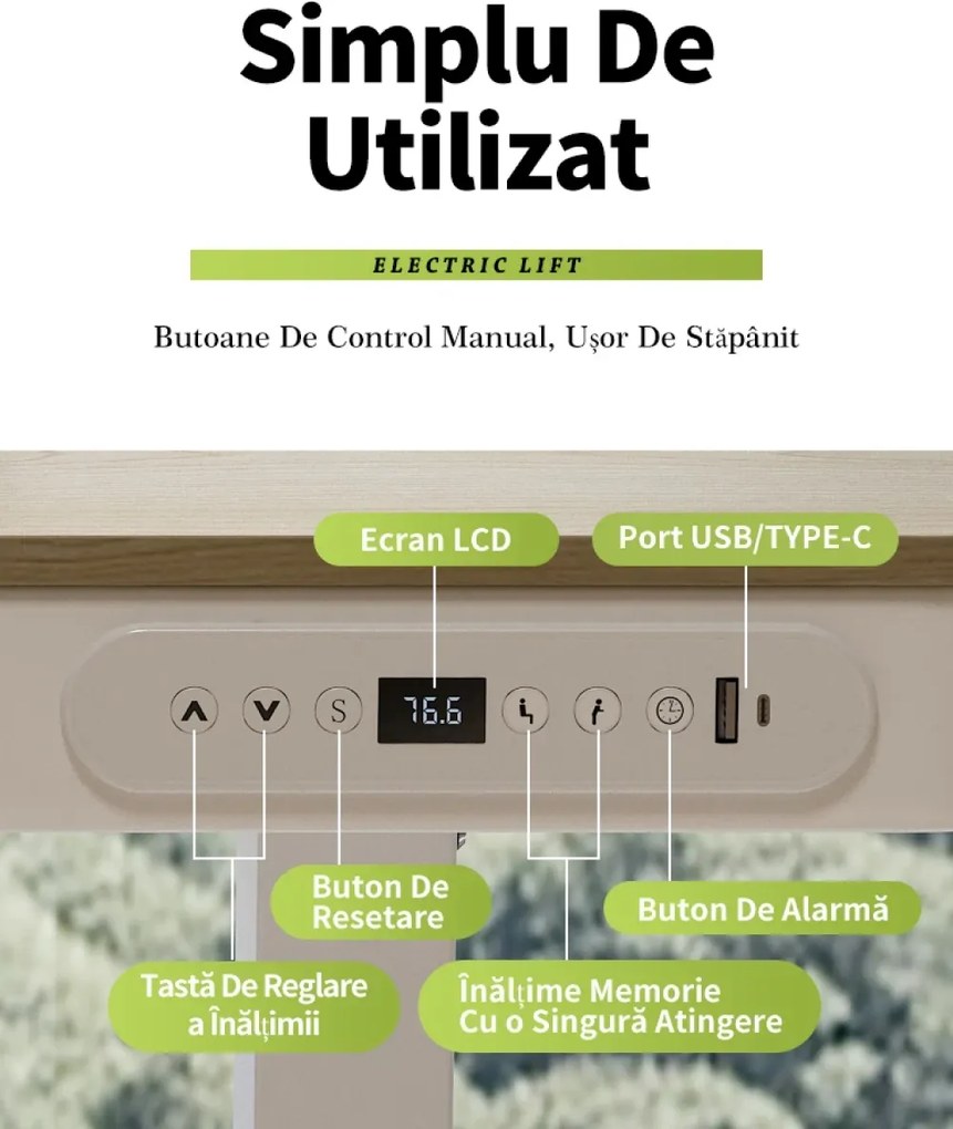 RESIGILAT- Birou Electric Reglabil pe Înălțime cu Sertar Ascuns, Încărcare Wireless & USB, Senzor de siguranță, 120x60, Alb
