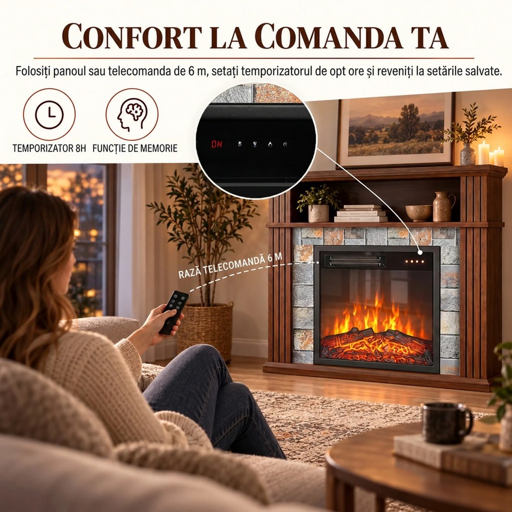 HOMCOM Șemineu electric de podea/încastrabil pentru TV 36" cu ramă și raft, 1800W, efect de flacără 3D, bușteni, maro | Aosom Romania