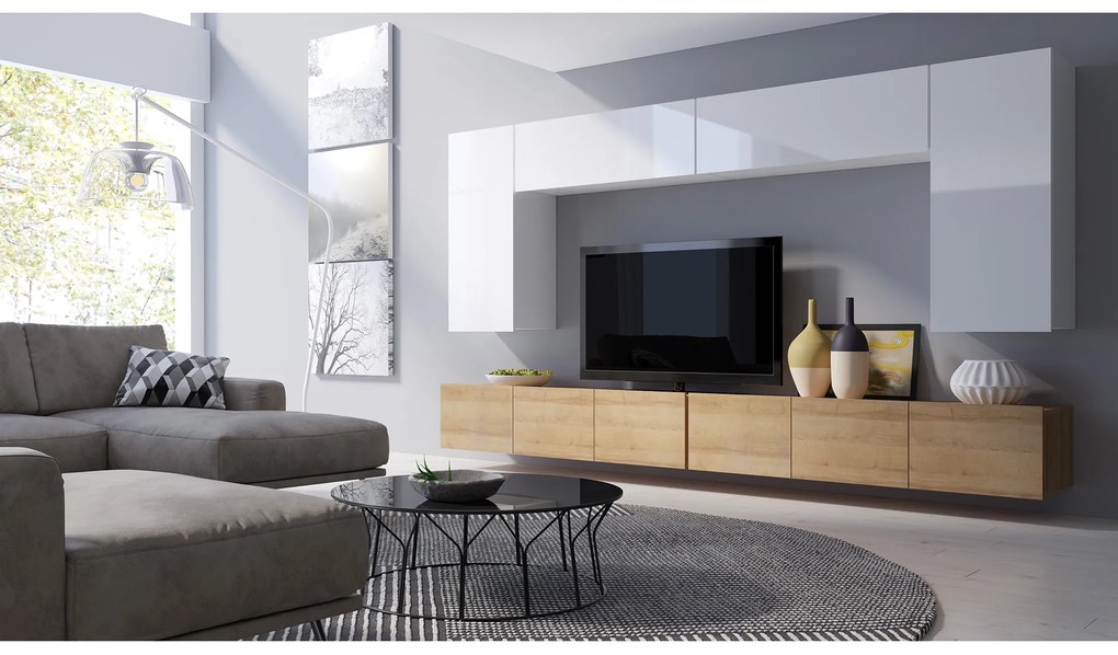 Mobilier living Calabria C13 (Alb + Stejar auriu) (fără iluminat). 1051643