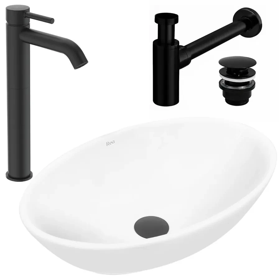 Pachet lavoar pe blat Rea Pamela alb 53 cm, baterie lavoar Ideal Standard Ceraline negru si ventil lavoar Click-Clack negru