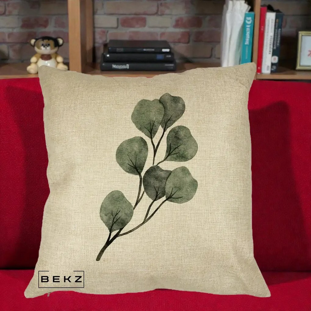 Perna Decorativa Ramura Eucalipt Acuarela, 40x40 cm, Crem, Husa Detasabila, Perna Inclusa, BEKZ®
