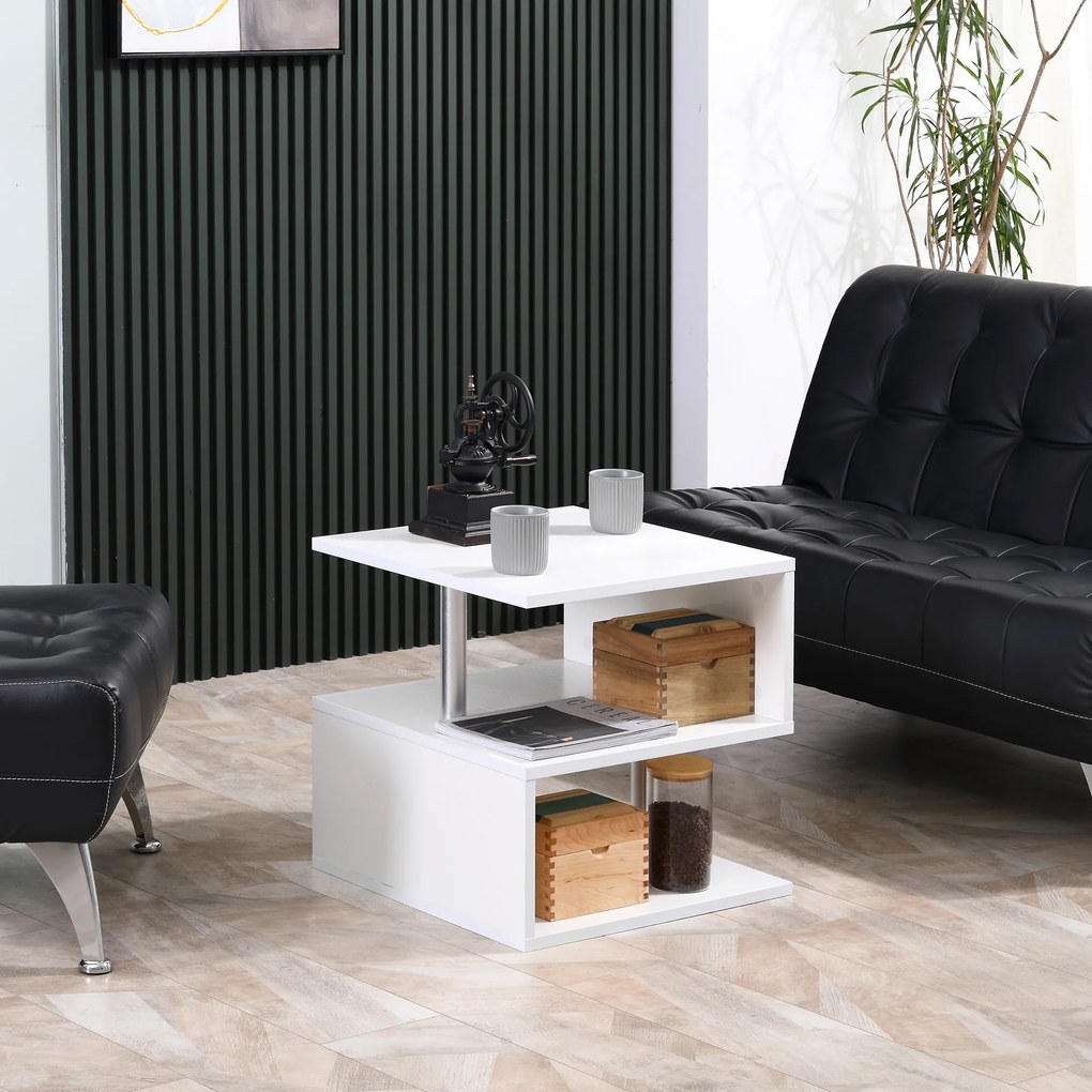 Masuta living cu 2 etajere, din lemn si fier, sustine maxim 10kg, 50x50x50cm alb HOMCOM | Aosom RO