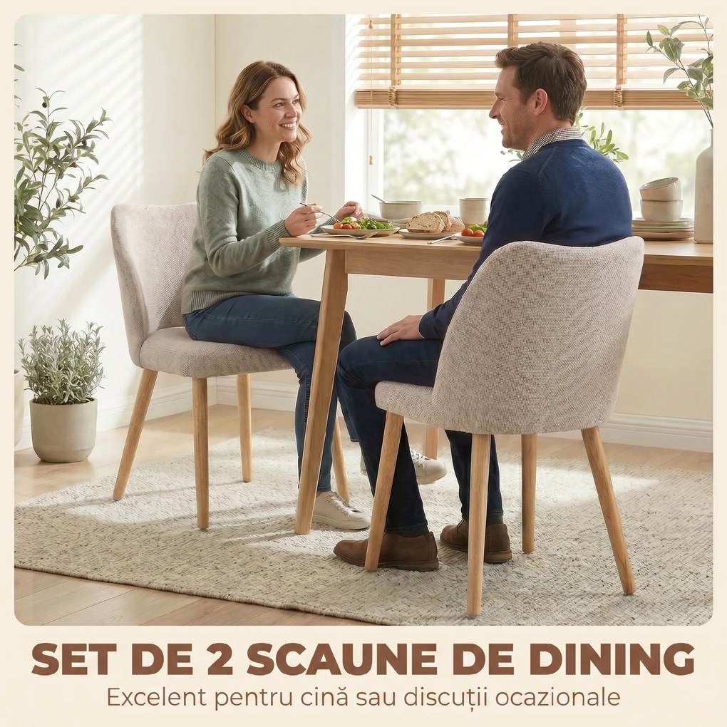 HOMCOM Set de 2 Scaune de Masă Moderne, Scaune de Bucătărie cu Tapițerie din In, Șezut Imbătut, Spătar Curbat, Picioare din Lemn de Cauciuc, Ușor de Asamblat, Alb Crem | Aosom Romania