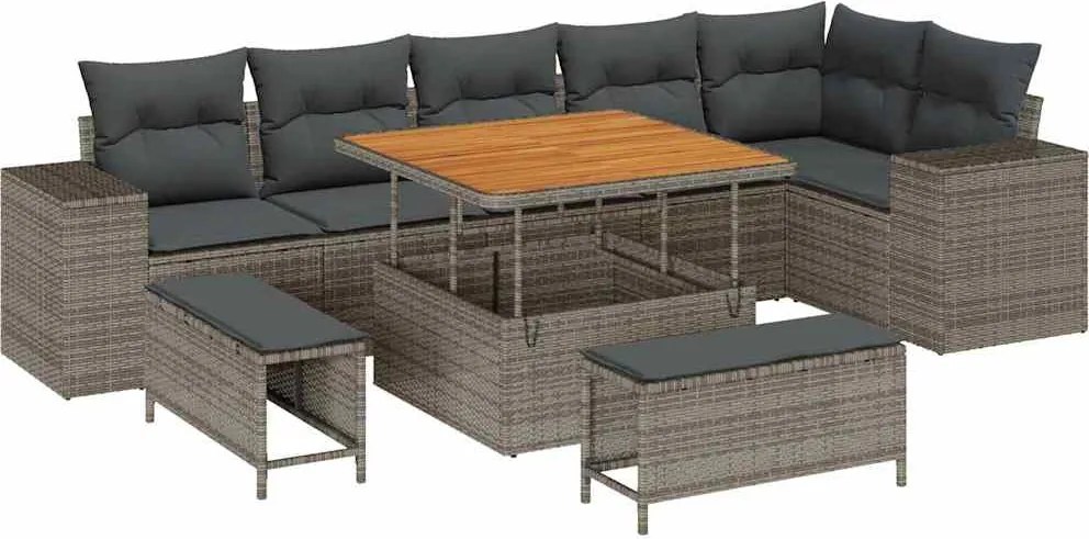 vidaXL Set de canapele pentru grădină cu pernă 9 pcs Gri poliratan