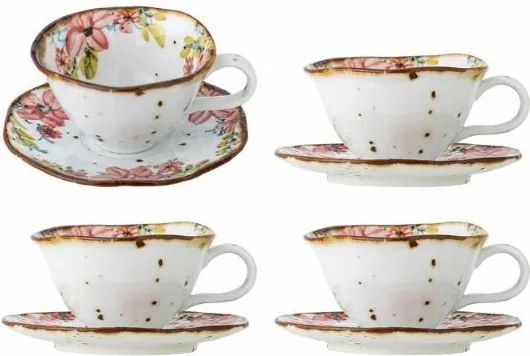 Set 4 căni cu farfurioară din ceramică artizanală albă cu motive florale roz pictate manual și margine aurie, 15×7,5 cm, "Savina"