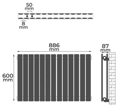 Radiator orizontal, conexiune centrală, 600 x 886 x 69 mm