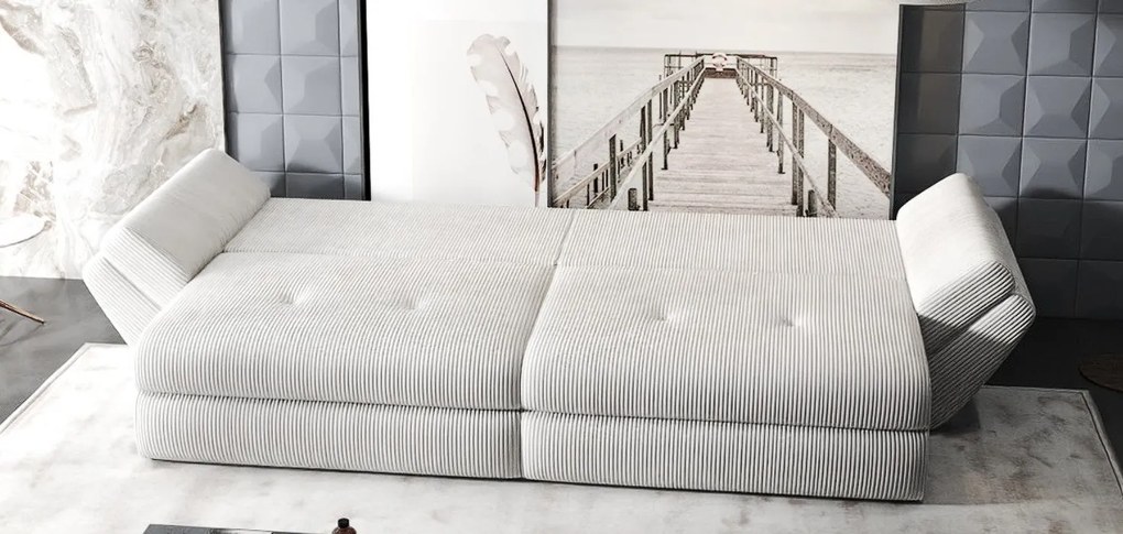 Canapea extensibilă dumonde cu ladă de depozitare si sezut confortabil din spuma high-density, Loana Zoom Cream 300x100 cm