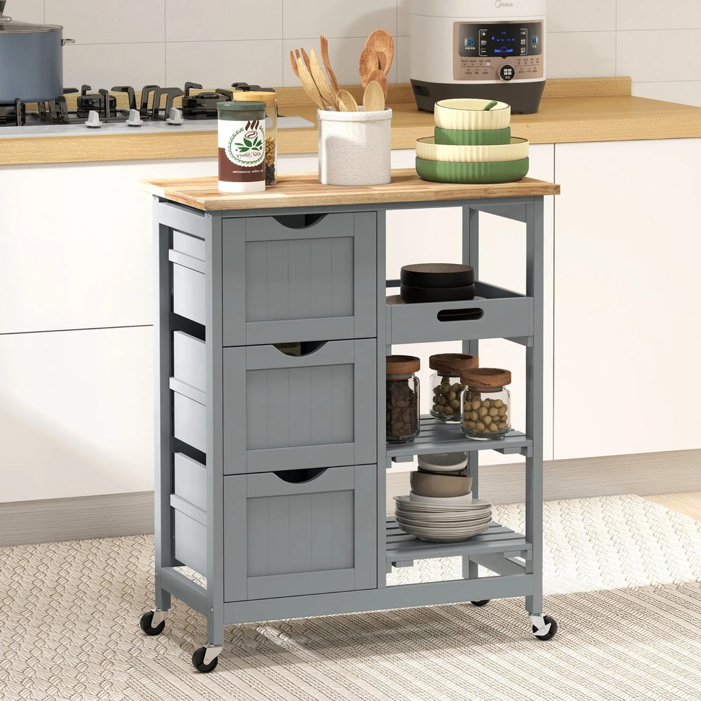 HOMCOM Carucior Auxiliar cu Roti Carucior de Bucatarie cu 3 Sertare 2 Rafturi Deschise si Tava Detasabila 67x37x85,5 cm Gri | Aosom Romania