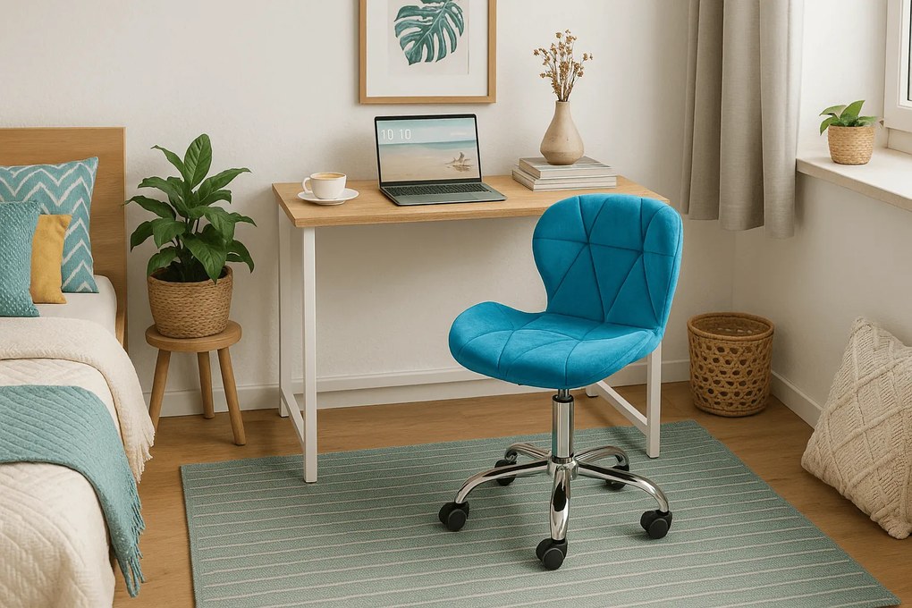 Set pentru birou – birou pliabil ZARIMO 80×40 cm alb + scaun de birou AVOLA VELVET albastru