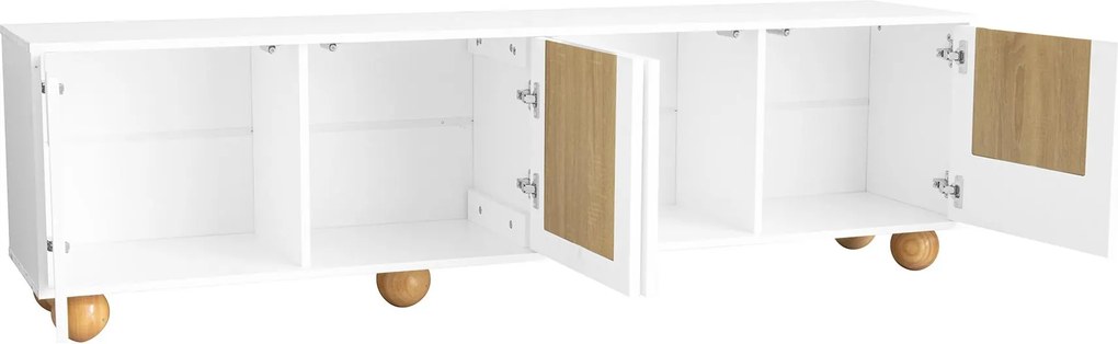 Comodă TV cu 4 uși, design minimalist cu aspect de lemn și finisaj alb, 175x38x50 cm, Culoare naturală+Alb