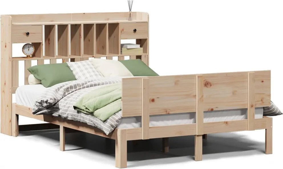 vidaXL Pat cu bibliotecă fără saltea, 140x190 cm, lemn masiv de pin